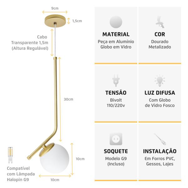 Imagem de Luminária Pendente Stick Light Dourado Globo Vidro Leitoso 10Cm