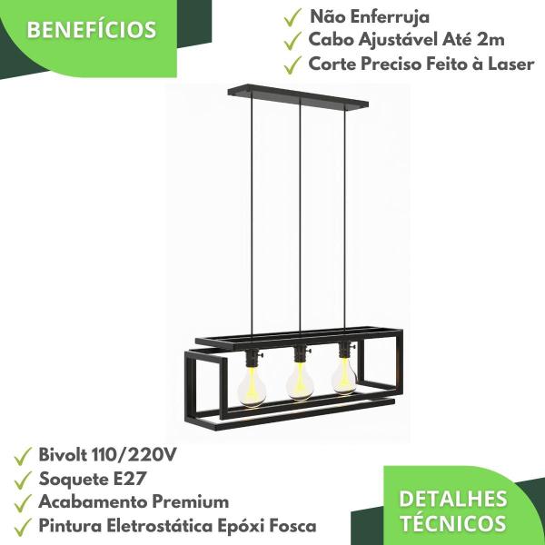 Imagem de Luminaria Pendente Tripla Preto Fosco