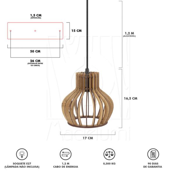 Imagem de Luminária Pendente Triplo Madeira Circus 15cm CQ Rústico