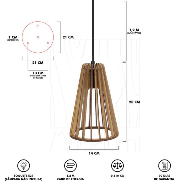 Imagem de Luminária Pendente Triplo Madeira Koni 20cm CR Soquete E27