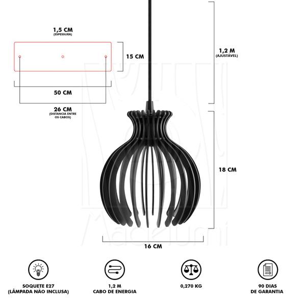 Imagem de Luminária Pendente Triplo Madeira Nacar 18cm CQ Preto