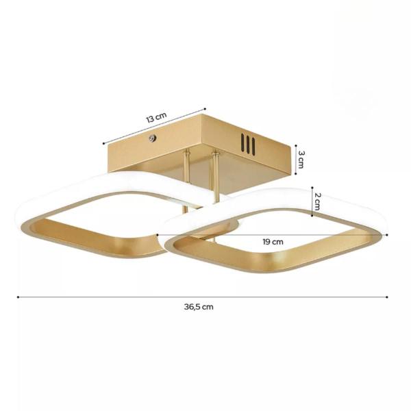 Imagem de Luminária Plafon De Sobrepor Teto Led 3 em 1 Moderno Quadrado Duplo Arco Dourado Bivolt 110V 220V Luz Branco Quente Neutro Frio P/ Sala Quarto Cozinha