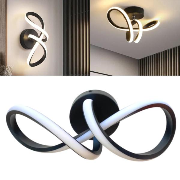 Imagem de Luminária Plafon Pendente Sobrepor Teto Led Moderna Espiral Preto Luz Branco Quente 3000K Anel Duplo Curvas Infinito Bivolt 110V 220V