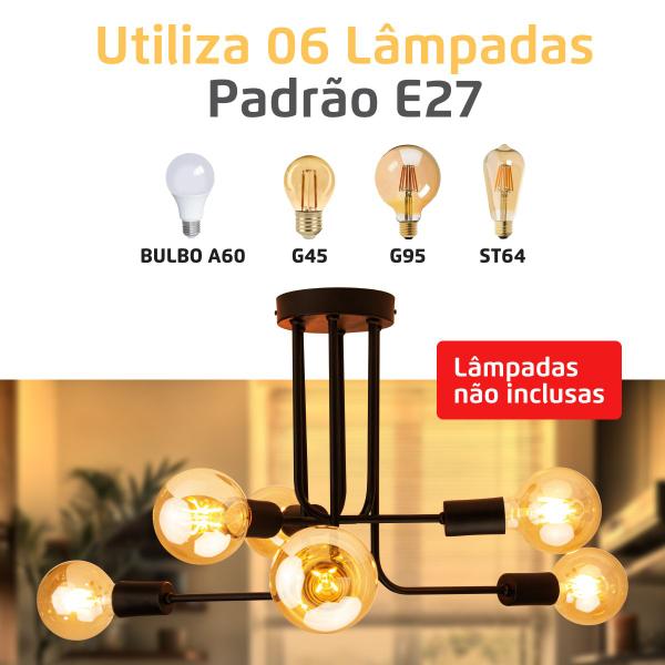 Imagem de Luminária Plafon Thor 6 Hastes Preto Moderno Industrial