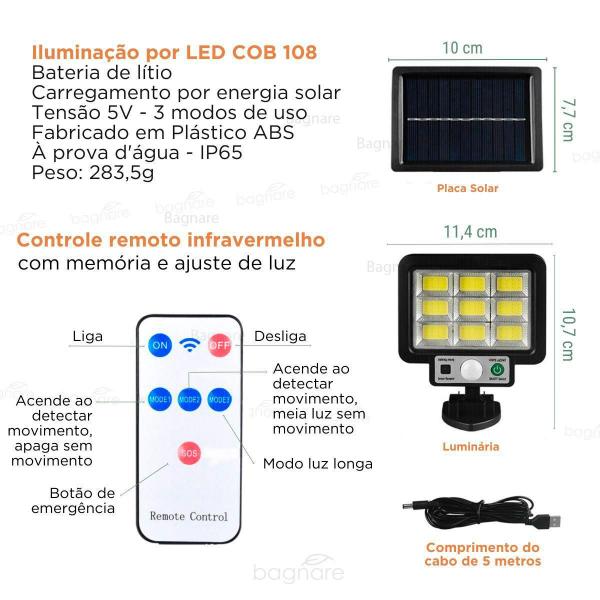 Imagem de Luminária Refletor Solar Parede 120 Cob Sensor Presença Ip65