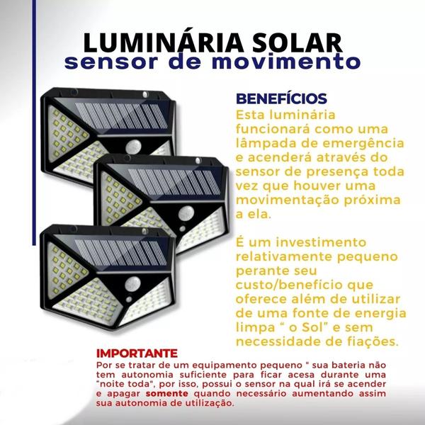 Imagem de Luminária Solar 100 Led Com Sensor de presença para Jardim, área externa  Prova D'água arandela