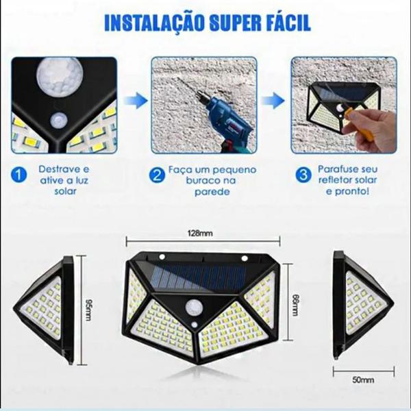 Imagem de Luminaria Solar 100 Leds Sensor Inteligente 3 Funçoes Kit 4 Uni Andarela Parede Iluminaçao Rua Casa Luz Segurança Detecta Presença Movimento