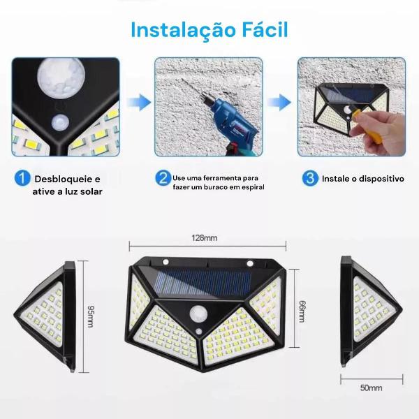 Imagem de Luminária Solar Parede 100 Led Sensor Presença 3 Funções Cor Preto