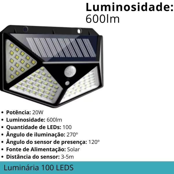 Imagem de Luminária Solar Sem Fio 100 Leds Original Com Sensor