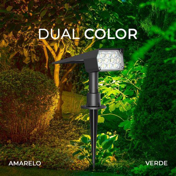 Imagem de Luminária Solar Spot 200 Lúmens Espeto de Jardim Externo Refletor LED Dual Color Verde + Branco Quente 3000K Potente