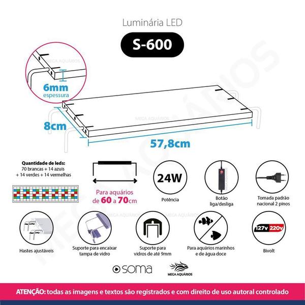 Imagem de Luminária Soma S-600 Ultra Fina Led Aquário Pequeno 110V 220