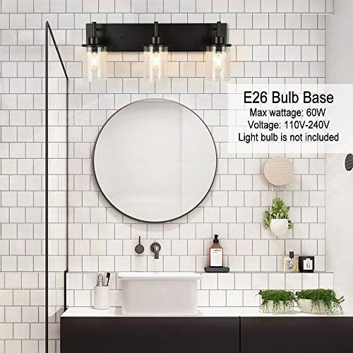 Imagem de Luminárias de iluminação de vaidade, luminárias de banheiro preto fosco 3-light black wall sconce com lampshade de vidro claro para a cozinha da sala de estar do corredor do quarto