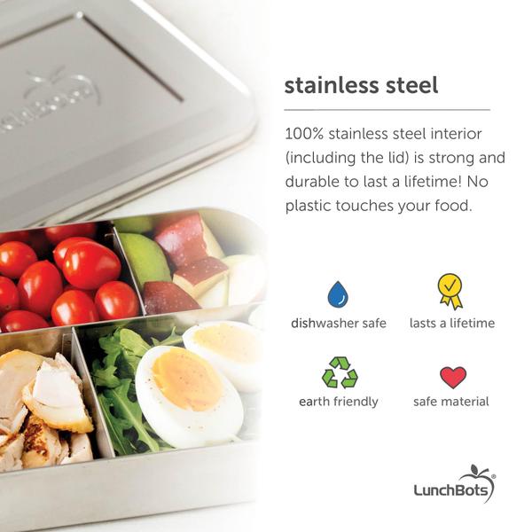 Imagem de LunchBots Large Cinco Inoxidável Recipiente de Almoço de Aço Inoxidável - Cinco Seções Design Contém uma Variedade de Alimentos - Metal Bento Box para Crianças ou Adultos - Dishwasher Safe - Tampa Inoxidável - Pontos Azuis