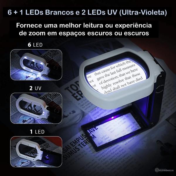 Imagem de Lupa Ajustável Mão e Mesa Com Luz Branca e Ultra-Violeta Ampliação Até 25x - TH7018