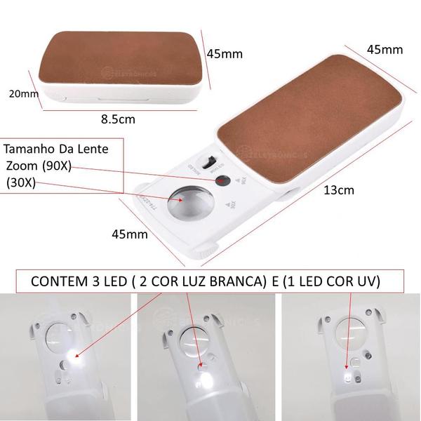 Imagem de Lupa De Bolso 2 Em 1 Ampliação Zoom 30x E 90x Com 3 Led Uv Potente 7742Z