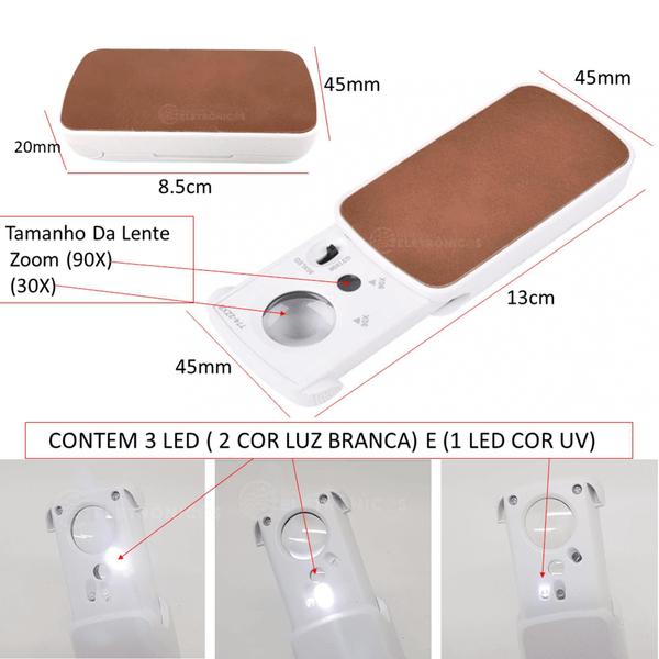 Imagem de Lupa De Bolso 2 Em 1 Ampliação Zoom 30x E 90x Com 3 Led Uv Potente Ampla 7742Z