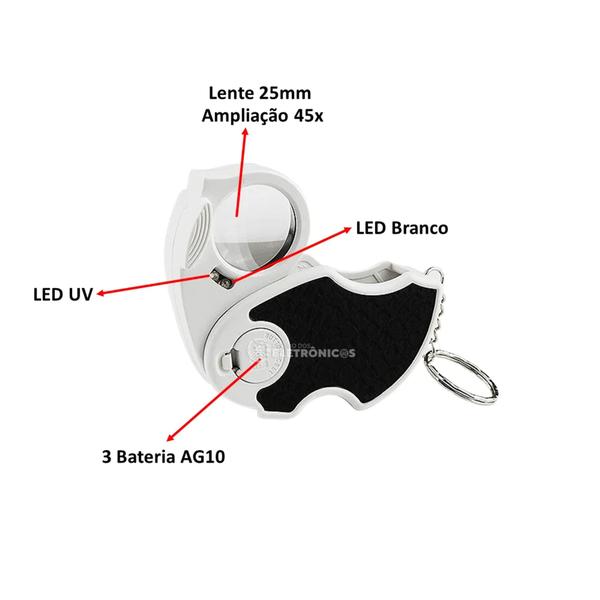 Imagem de Lupa De Bolso 25mm Conta Fios Luz LED Branco e Uv Relojoeiro Ourives Otima Qualidade 45x 71017