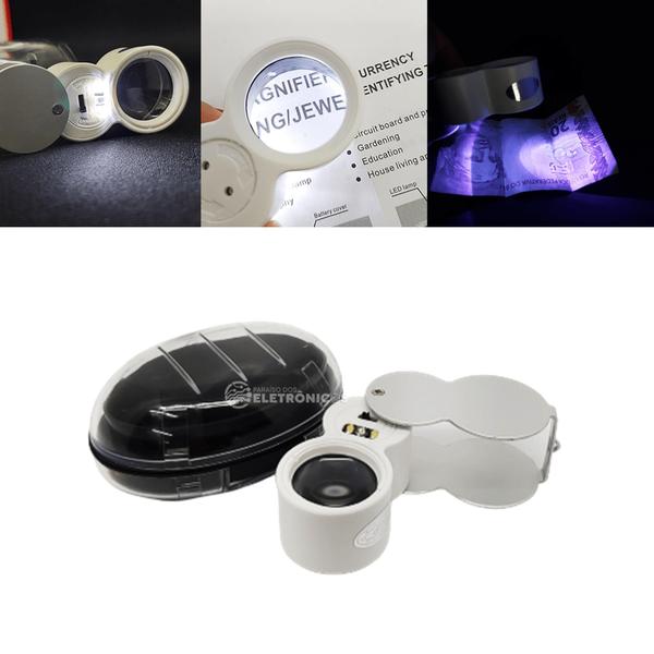 Imagem de Lupa De Bolso Profissional 40X Com Luz De Led Branco E UV Para Relojoeiro - 9888