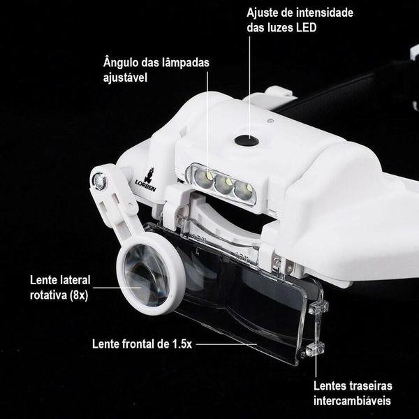 Imagem de Lupa De Cabeça Óculos Profissional 3 Led 6 Lentes De Aumento