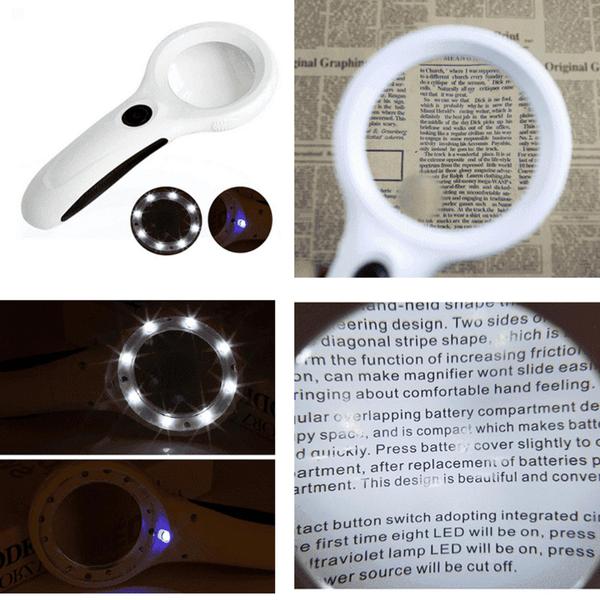 Imagem de Lupa De Mão 8cm 8 Led Branco E 1 UV Para Identificação Ampliação Leitura Aumento Zoom 9588