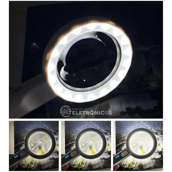 Imagem de Lupa De Mão Bifocal Ampliação 12x Com Iluminação 16 LEDs Botão Touch e Recarregável 6516C