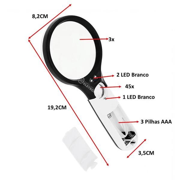 Imagem de Lupa De Mão Com 3 Led De Luz Ampliação 3x 45x Para Leitura 6902AB