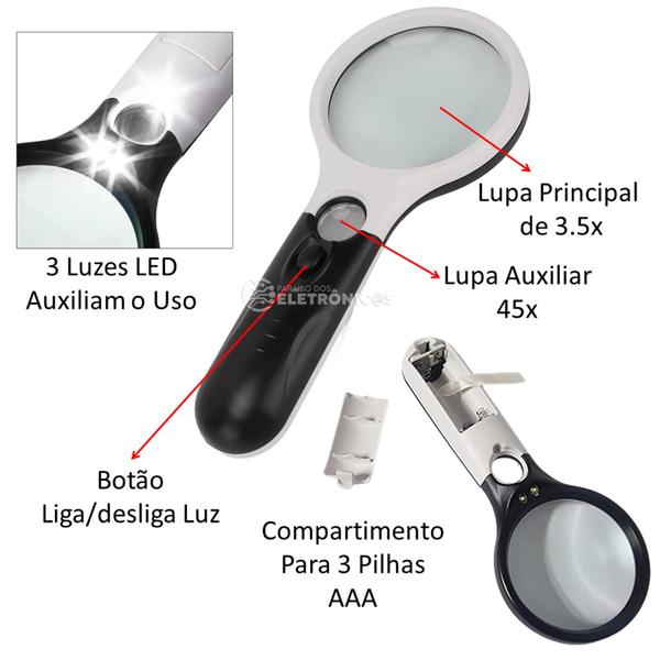 Imagem de Lupa de Mão com Iluminação LED Ampliação 3x e 45x Relojoaria Para Trabalhos Precisos LK060