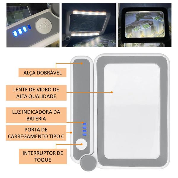 Imagem de Lupa De Mão Quadrada 3,5x Cabo Articulável Luz 12 LEDs Botão Touch e Recarregável 1207512LC