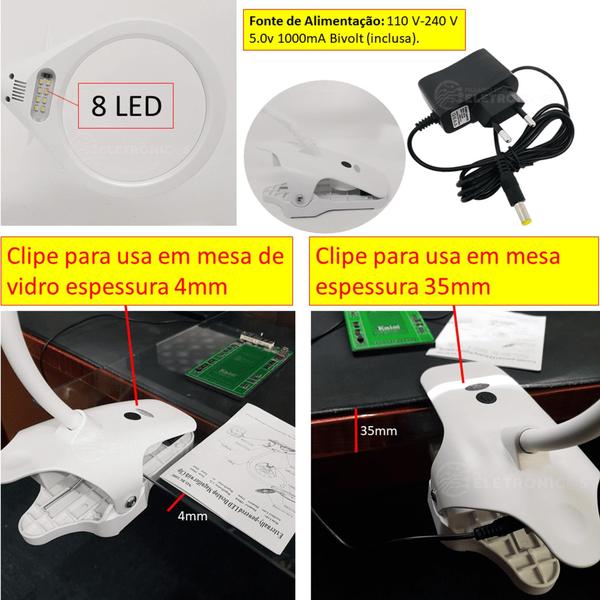 Imagem de Lupa De Mesa Ampliação 2,3x Foco 250mm 8 Led Com Clipe Para Fixa BC108C