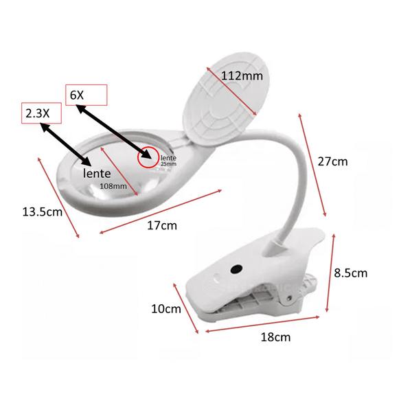 Imagem de Lupa De Mesa Ampliação 2,3x Foco 250mm 8 Led De Qualidade Com Clipe Para Fixa BC108C