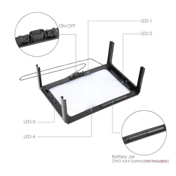 Imagem de Lupa de mesa tamanho a4 com suporte maos livre ampliação 3x com iluminação led lente de aumento para leitura