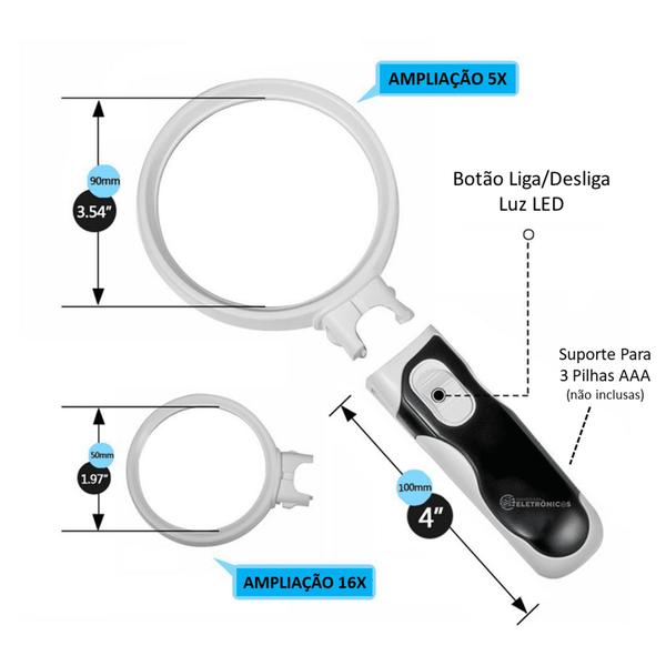 Imagem de Lupa Dupla Lente Grande 5x e Pequena 16x Com Iluminação LED - 77390B