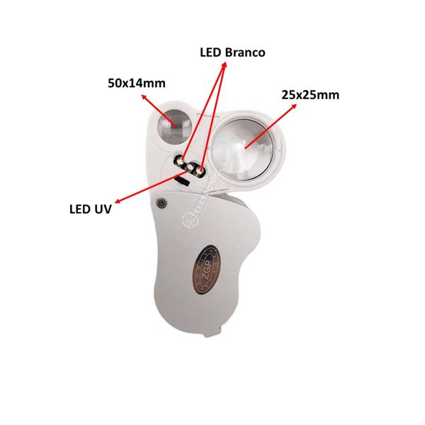 Imagem de Lupa Iluminação Led Branco E Uv Ampliação 25x25mm Potente Portátil Excelente 9889A5