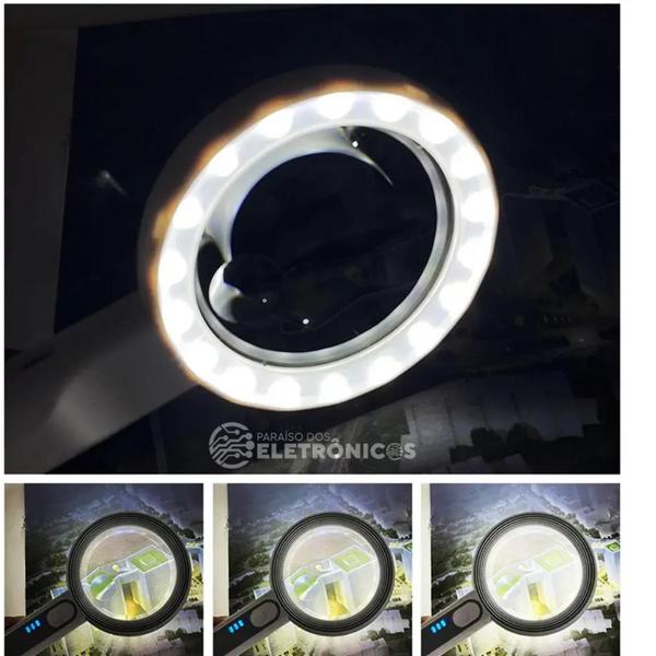 Imagem de Lupa Iluninada De Mão Bifocal Ampliação 12x Com Iluminação 16 LEDs Botão Touch e Recarregável 6516C