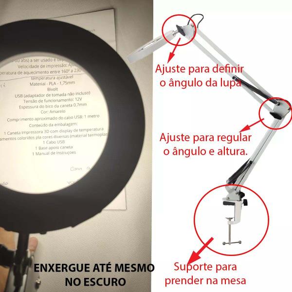 Imagem de Lupa Luminaria Estetica Dentista Salao Cosmetologia Profissional Led Zoom Limpeza de Pele Flexivel Garra Suporte Mesa Giratorio Iluminaçao