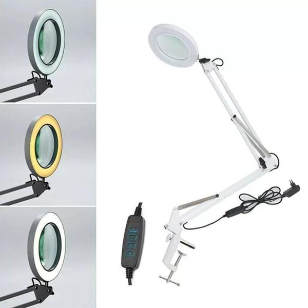 Imagem de Lupa Luminaria Led Estetica Dentista Salao Cosmetologia Profissional Cilios Limpeza de Pele Suporte Flexivel Garra Giratorio Iluminaçao Multiuso