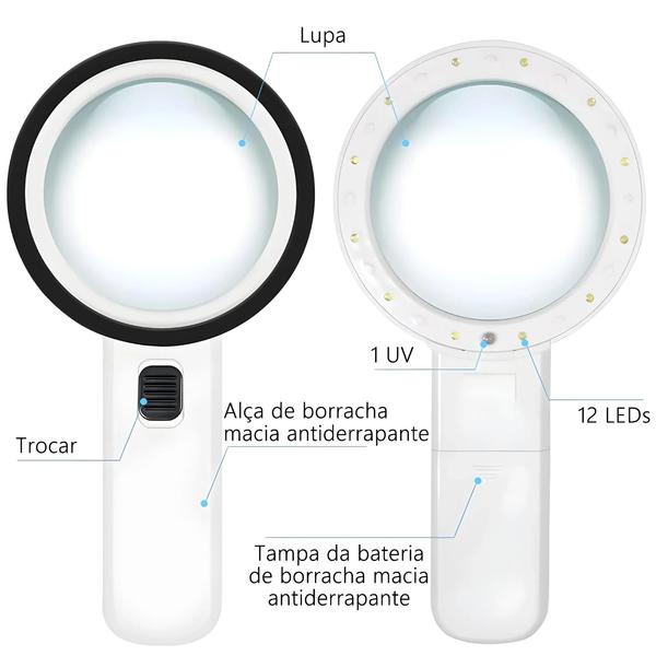 Imagem de Lupa Portátil 30x com 12 LEDs - Ideal para Idosos, Leitura, Inspeção e Reparo