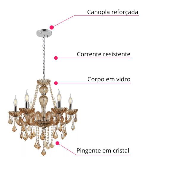 Imagem de Lustre Candelabro Pendente Luxo Cristal Legitimo Cor Âmbar 6 Braços Sala Quarto Cozinha INL49