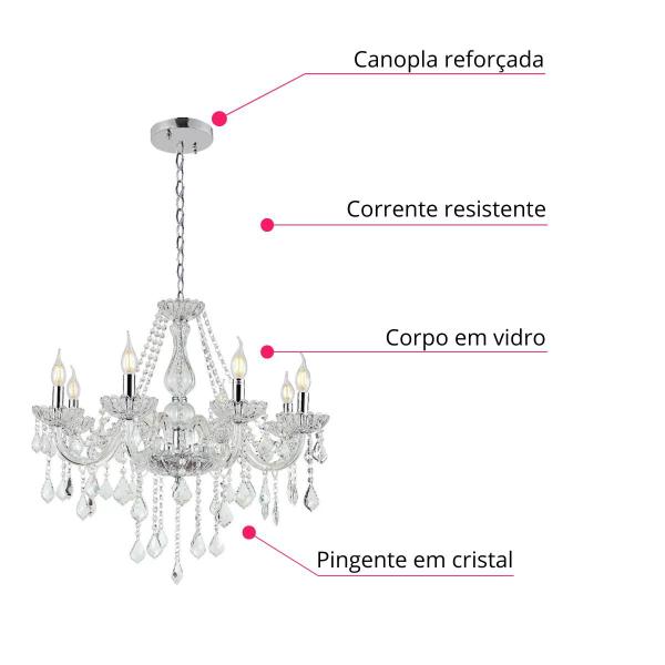 Imagem de Lustre Candelabro Pendente Luxo Cristal Legitimo Transparente 8 Braços Sala Quarto Escritório INL50