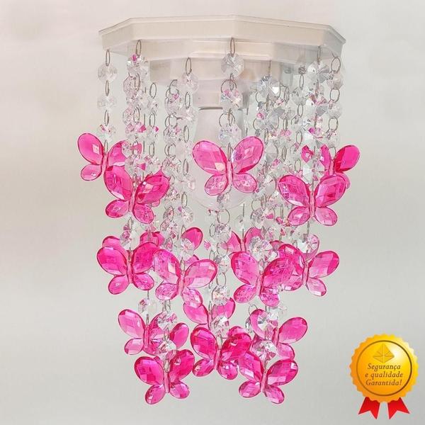 Imagem de Lustre Com Pingente Quarto Menina Decorar Borboletas Rosa