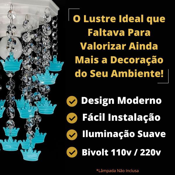 Imagem de Lustre Cristal Acrílico Luminária Decoração Quarto Infantil Bebê Menino Príncipe Coroas Azul Bebê 17x25cm