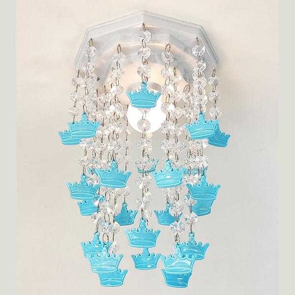 Imagem de Lustre Cristal Acrílico Luminária Decoração Quarto Infantil Bebê Menino Príncipe Coroas Azul Bebê