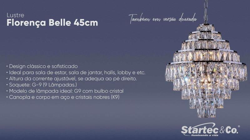 Imagem de Lustre cristal legítimo k9 luminária florença belle 45cm cromado - Startec