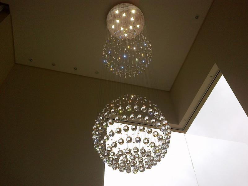 Imagem de Lustre de Cristal Legitimo Globo Duplo 60cm Pé Direito Duplo Vão de Escada Sala Alta G260 Com Lampadas Led