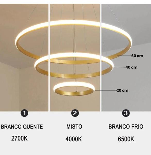 Imagem de Lustre luminária C/3 aneis led suspensos dourado 