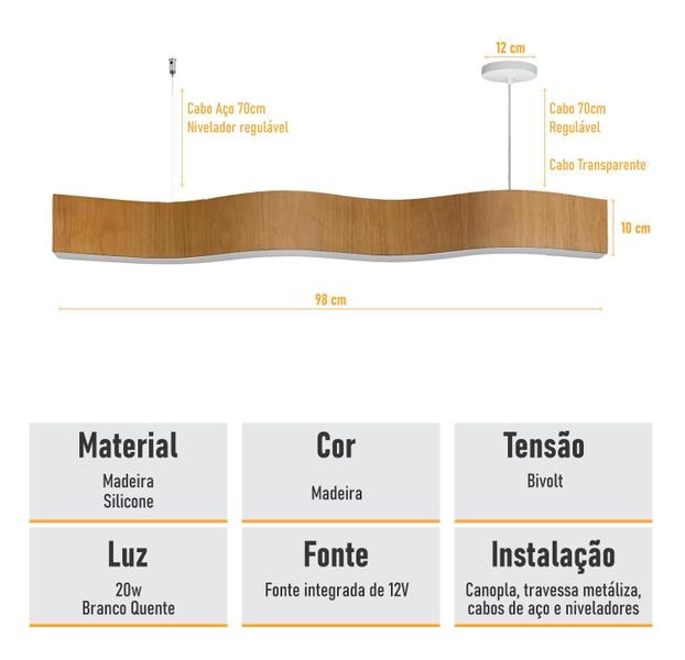 Imagem de Lustre Madeira Retangular Linear Led Integrado 98Cm -Snk01