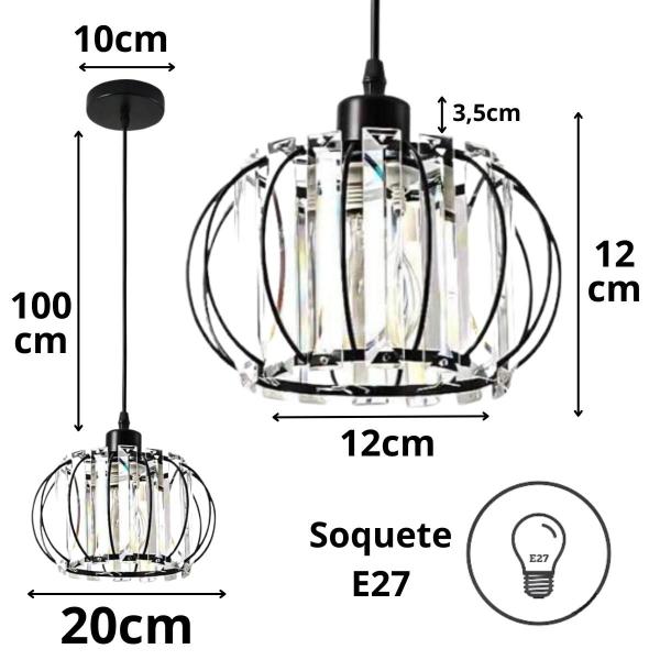 Imagem de Lustre Pendente 20cm Cristal Metal Aros Luminária Suspensa Teto Gimpo KJDD-E-015-PRETO