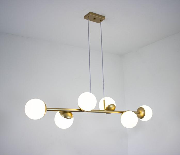 Imagem de Lustre Pendente 6 Bolas 1 Metro Vidro Branco Dourado Fosco 173