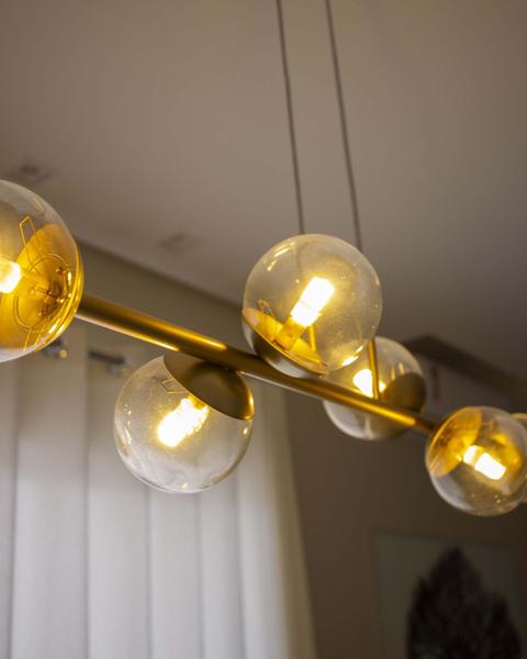 Imagem de Lustre Pendente 6 Bolas 1 Metro Vidro Transparente Globo Dourado 290