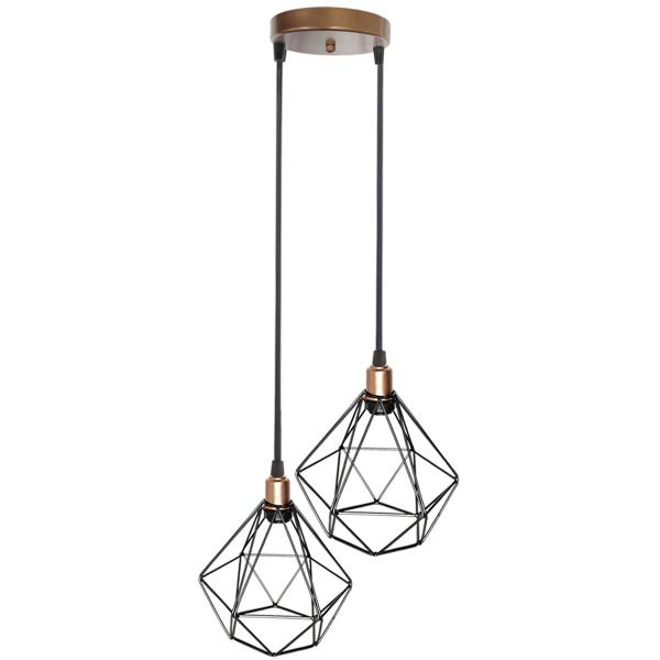 Imagem de Lustre Pendente Aramado Duplo Diamante Cobre Rose Gold/Preto Cabo Regulável Luminária Agp Ilumini